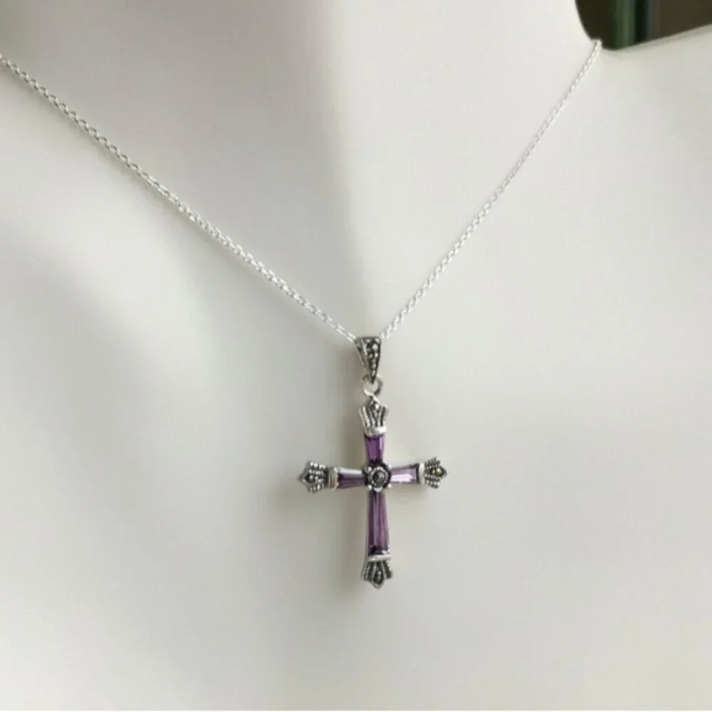 Amethyst Marcasite cross pendant necklace In Sterling Silver